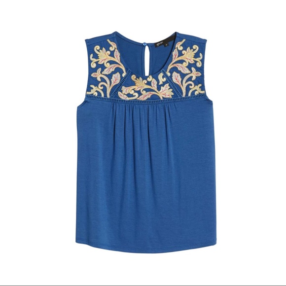 Gibson Tops - Gibson X Hi Sugarplum! Limone Floral Yoke Blue Top
